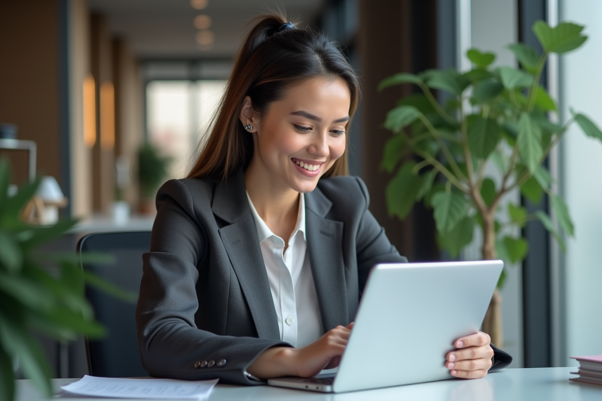 Femme en bureau utilisant une tablette pour le travail