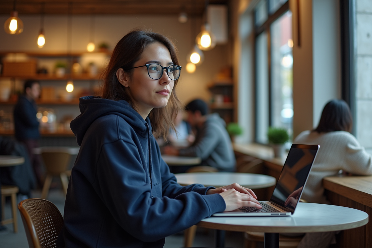 Femme concentrée travaillant dans un café moderne et animé