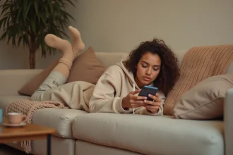 Jeune femme allongée sur un canapé en train de scroller sur son téléphone pour trouver des légendes de stories