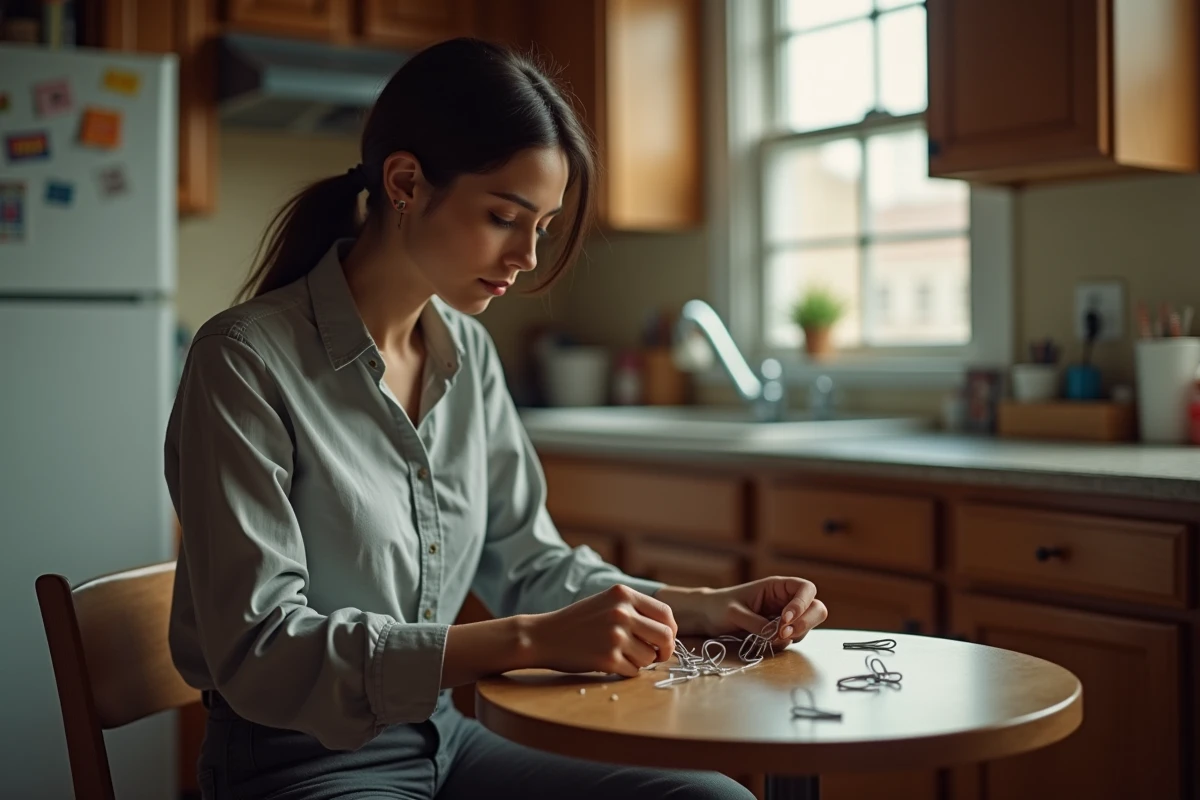 Femme adulte chainant des trombones dans une cuisine chaleureuse