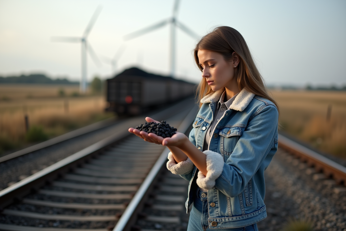 Jeune femme regarde des morceaux de charbon dans un paysage rural