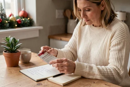 Femme organisant ses chèques cadeaux Infini à table pour les fêtes de Noël avec un carnet de notes