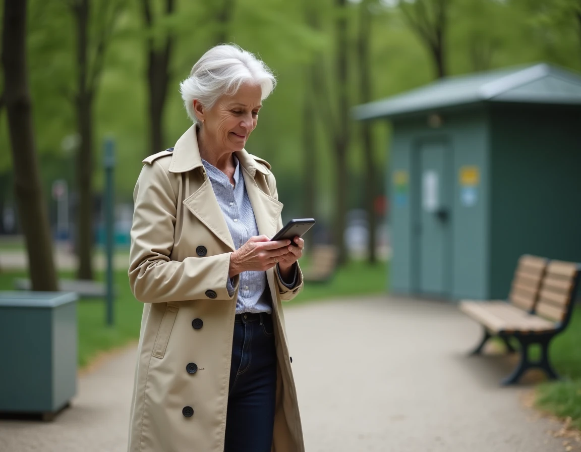 Femme consultant son téléphone pour trouver des toilettes publiques ouvertes à proximité dans un parc urbain