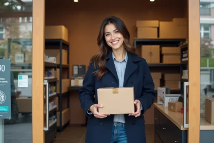 Femme souriante tenant un colis dans un point relais moderne