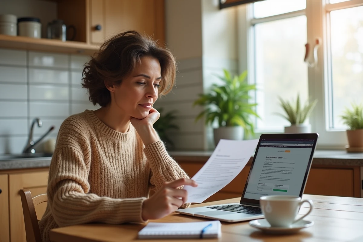 Femme en pull camel comparant un renseignement notarial et les services d'un avocat sur son ordinateur portable &agrave; la maison