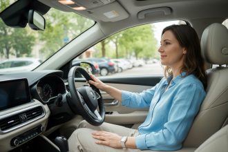 Femme détendue dans une voiture moderne en ville