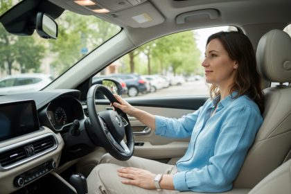 Femme détendue dans une voiture moderne en ville