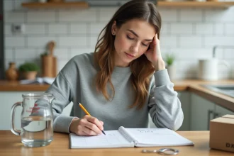 Jeune femme apprenant les conversions de mètres cubes en litres avec un carnet de notes et un pichet gradué sur une table en bois