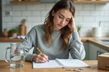 Jeune femme apprenant les conversions de mètres cubes en litres avec un carnet de notes et un pichet gradué sur une table en bois