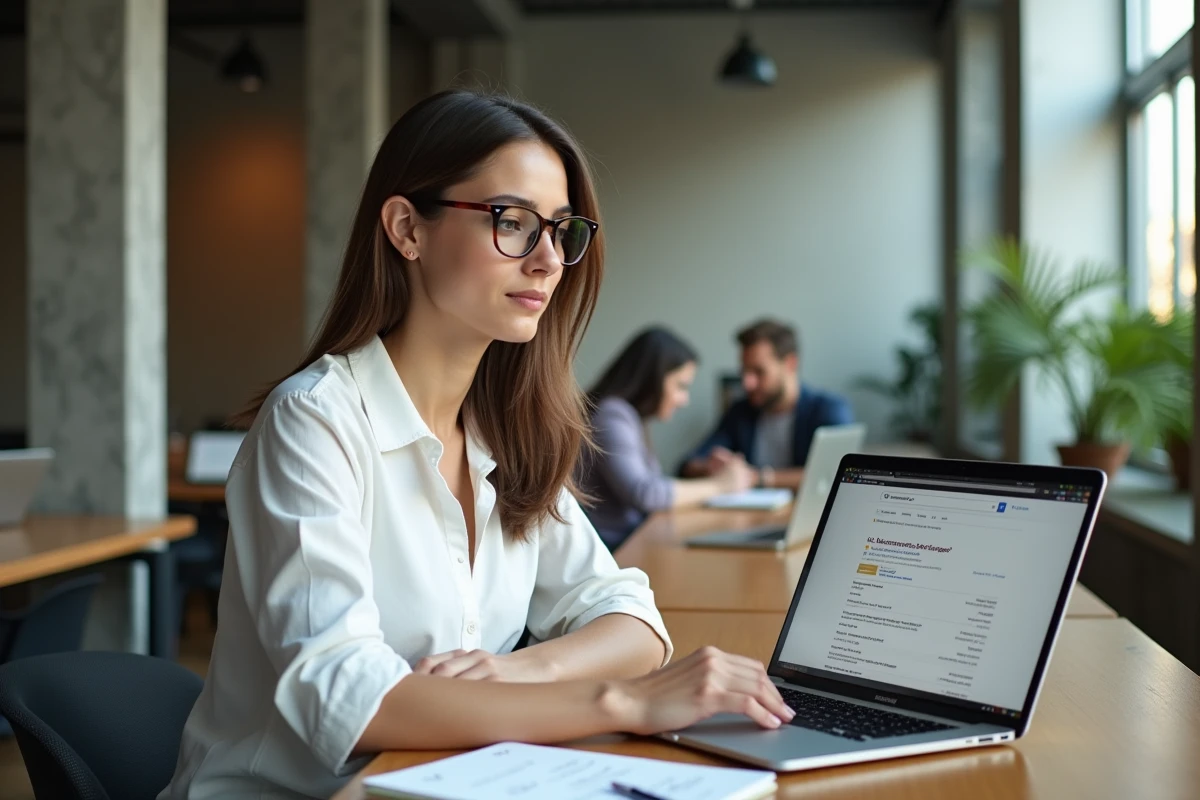 Femme professionnelle recherchant des informations sur la redirection d'URL dans un espace de coworking moderne