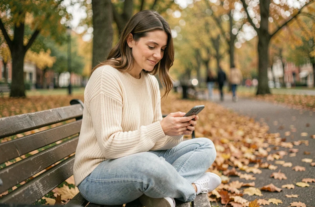 Femme souriante sur un banc de parc en automne, hésitante devant son téléphone, symbolisant le doute entre crush passager et amour profond