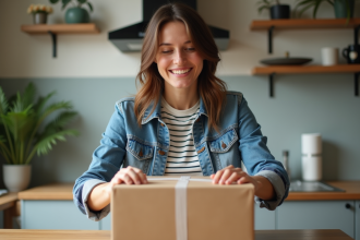 Femme déballant un colis dans la cuisine chaleureuse