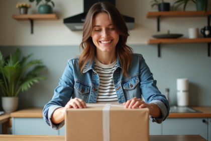 Femme déballant un colis dans la cuisine chaleureuse