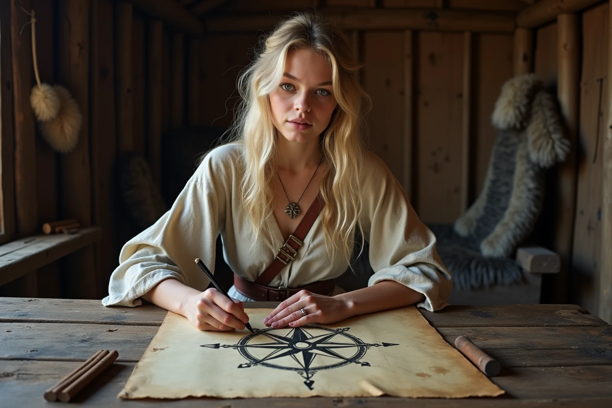 Jeune femme dessinant un Vegvísir dans une longhouse