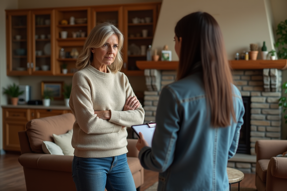 Femme discutant avec un notaire dans son salon chaleureux