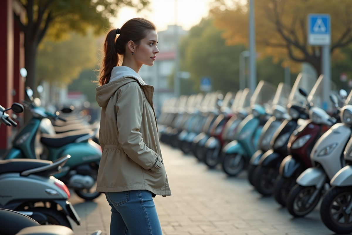 Jeune femme examine scooters dans concessionnaire