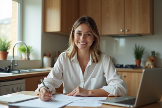 Femme souriante gérant ses finances à la maison