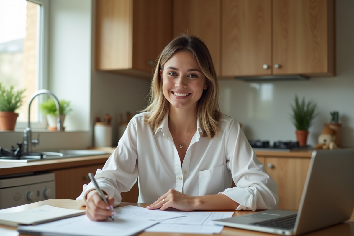 Femme souriante gérant ses finances à la maison