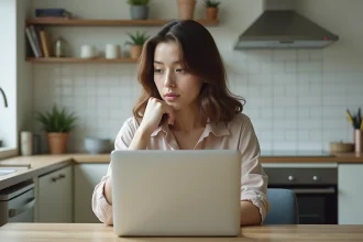 Jeune femme réfléchissant devant son ordinateur dans la cuisine