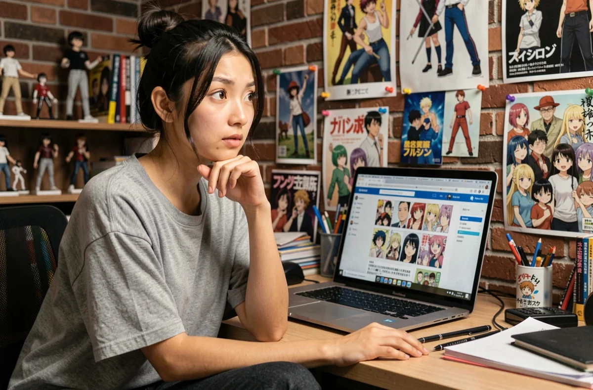 Jeune femme lisant le scan One Piece 1151 en VF sur son ordinateur portable, réaction de surprise face aux révélations sur le personnage d'Imu