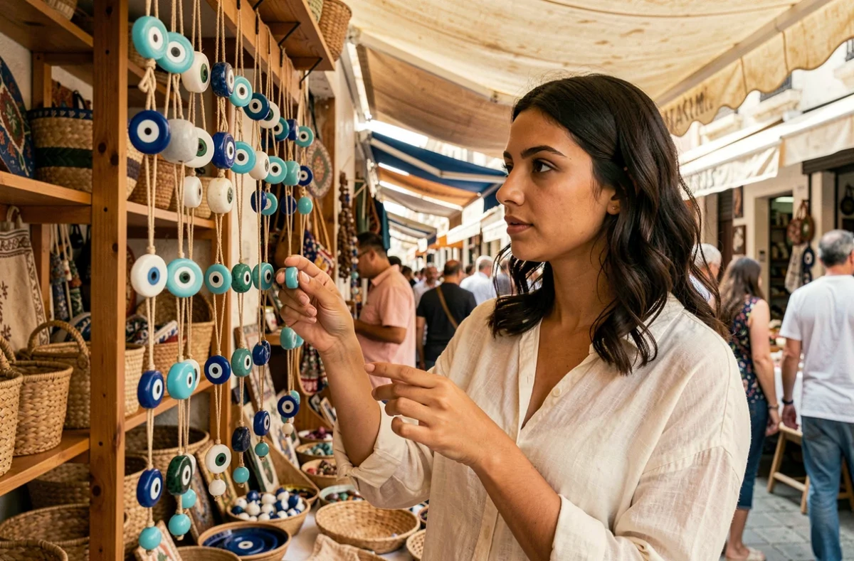 Jeune femme examinant des amulettes œil protecteur grec dans un marché artisanal méditerranéen en plein air