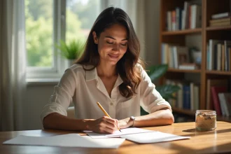 Jeune femme mauricienne écrivant une enveloppe dans un bureau lumineux
