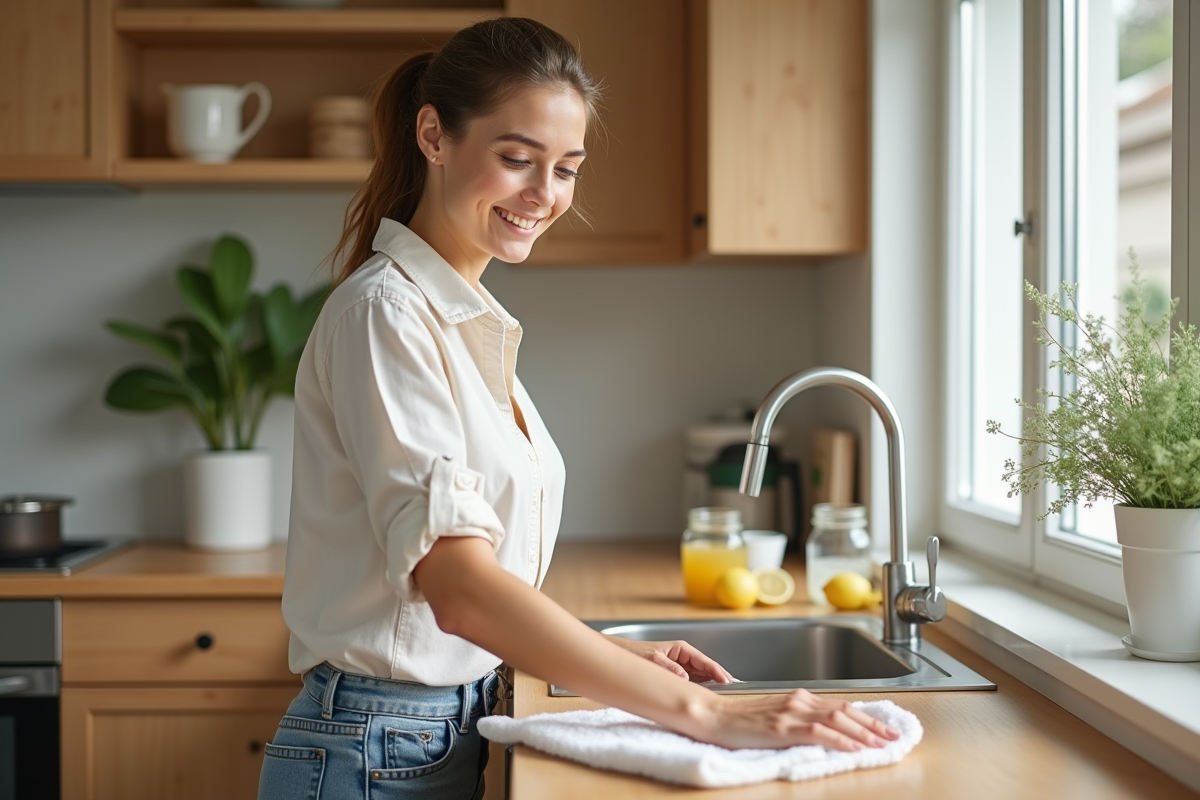 Jeune femme nettoyant un plan de travail en bois avec un chiffon écologique