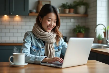 Jeune femme souriante utilisant un ordinateur pour des promos