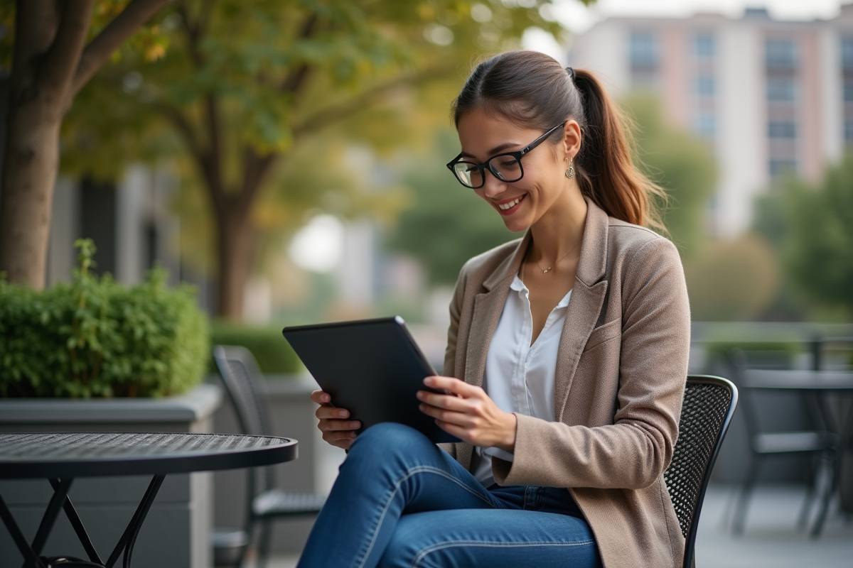 Jeune femme utilisant une tablette en extérieur pour planifier ses économies