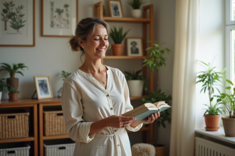 Femme organisée dans son salon avec des livres