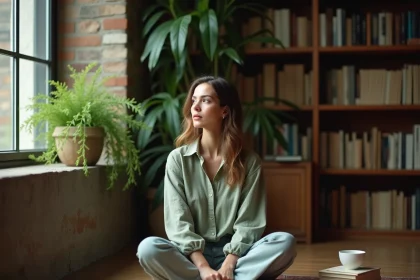 Femme pensive assise sur un plancher en bois entourée de livres ouverts, illustrant la quête de sens et le courant Yelaszozjindofo