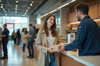 Femme souriante dans un bureau de poste moderne pour la livraison de colis