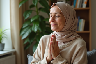 Femme priant dans un intérieur lumineux et apaisant