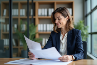 Femme professionnelle en bureau examinant des outils d'évaluation