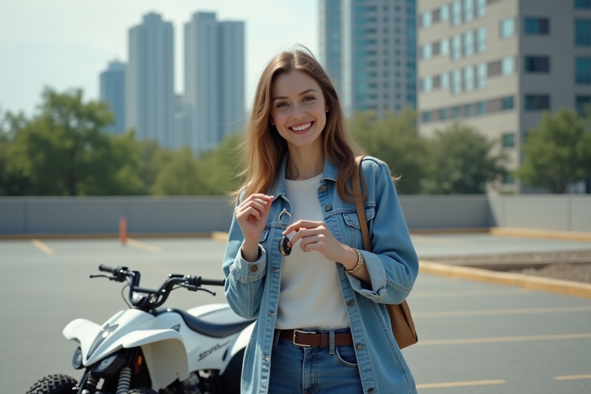 Femme souriante avec quad en parking urbain