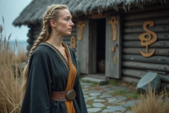 Femme viking historique en costume nordique médiéval devant un longhouse scandinave, évoquant Lagertha, épouse légendaire de Ragnar Lothbrok