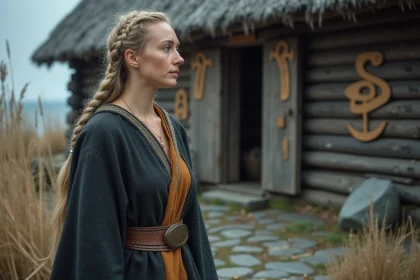 Femme viking historique en costume nordique médiéval devant un longhouse scandinave, évoquant Lagertha, épouse légendaire de Ragnar Lothbrok