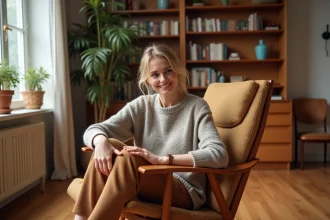 Femme assise sur une chaise en teck dans un salon scandinave