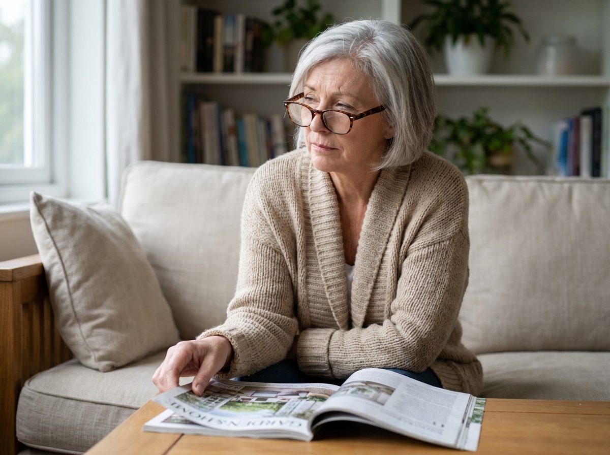 Femme senior faisant une pause lecture pour reposer ses yeux secs dans un salon confortable