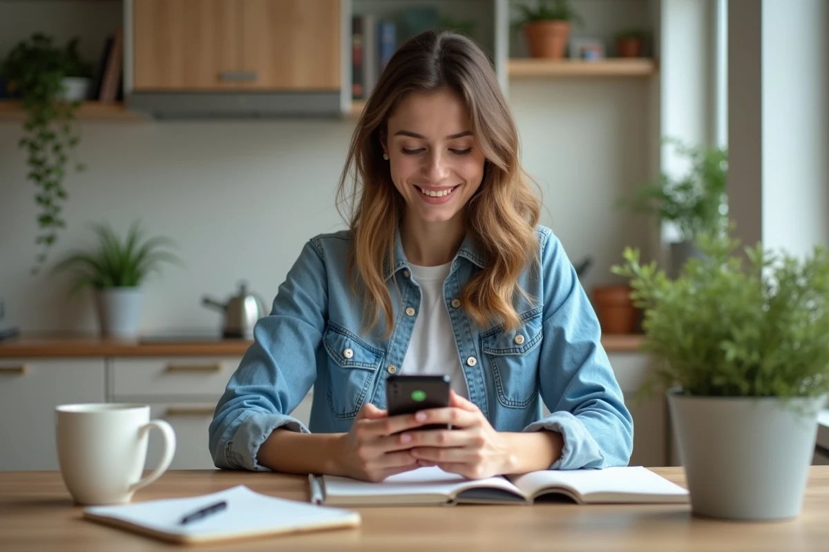 Femme souriante utilisant son smartphone dans la cuisine