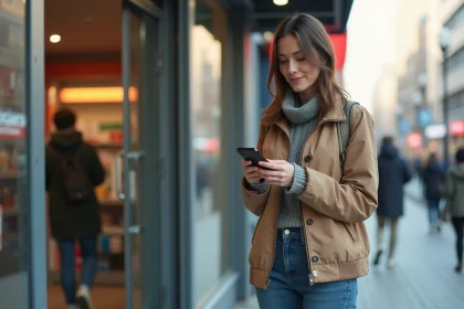 Femme regardant son smartphone devant un magasin moderne