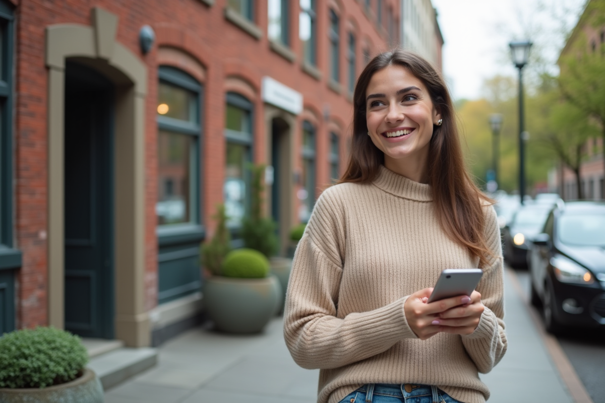 Jeune femme souriante devant une banque en tenue décontractée