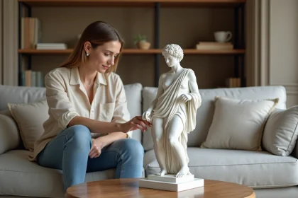 Femme regardant une statue grecque en résine blanche dans un salon