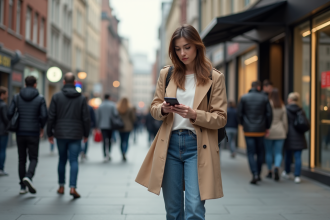 Femme en trench beige et denim dans la ville