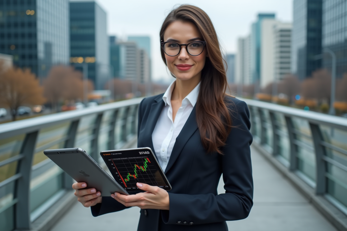 Femme d affaires tenant des tablettes avec graphiques de cryptomonnaies