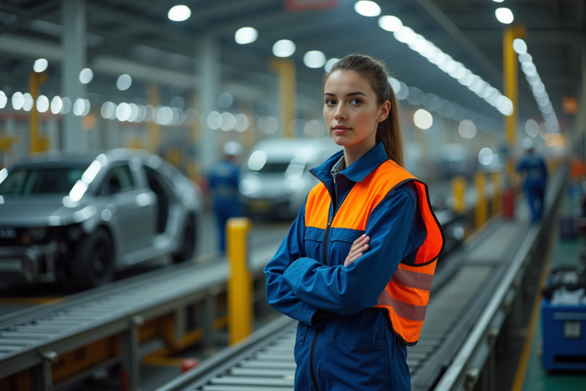 Jeune femme ouvriere dans une usine automobile en action