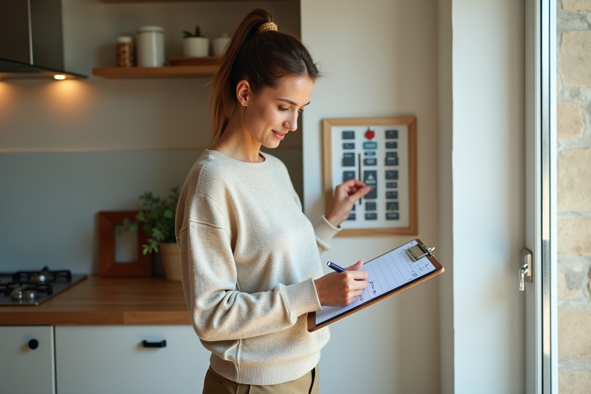 Femme vérifiant un tableau électrique dans la cuisine lumineuse