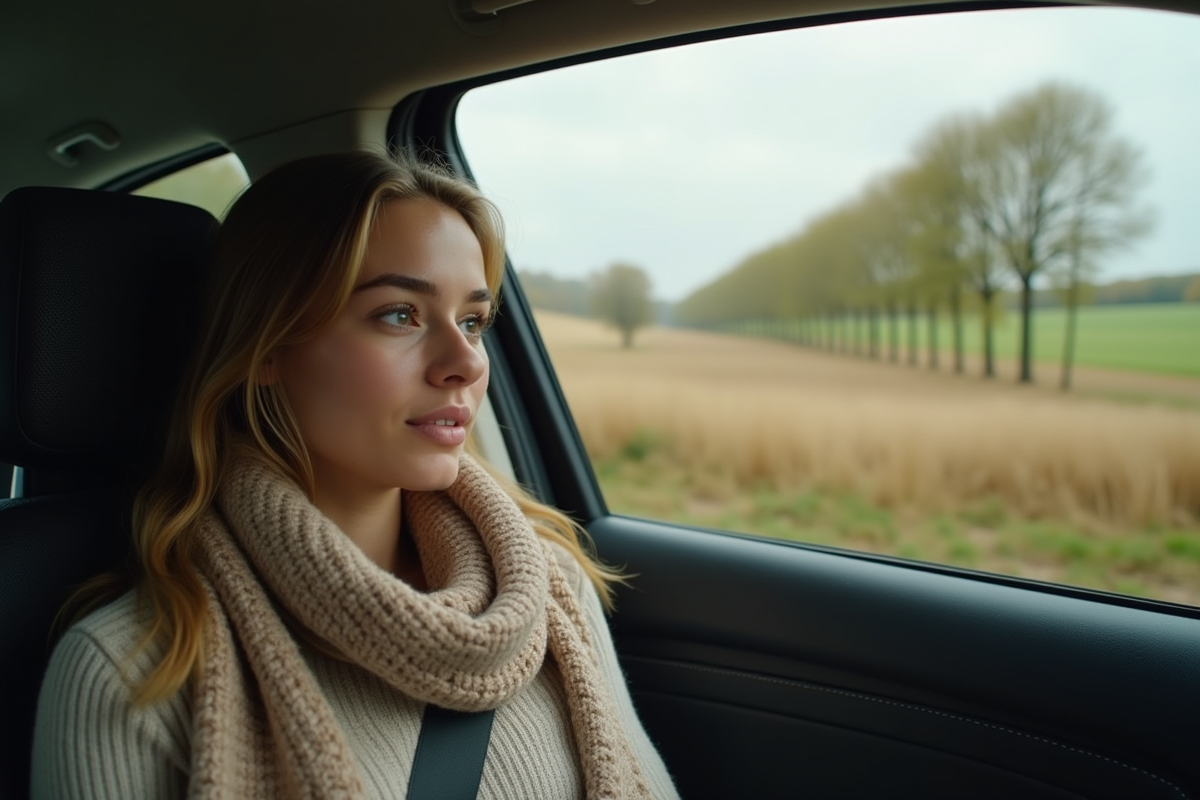 Jeune femme dans une voiture regardant la campagne française