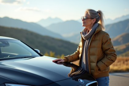 Femme en voyage à côté d'une voiture sur une route panoramique