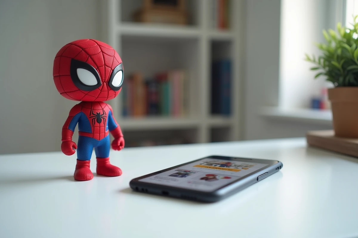 Figurine Spider-Man authentique posée à côté d'un smartphone affichant une page de vendeur certifié pour achat sécurisé en ligne
